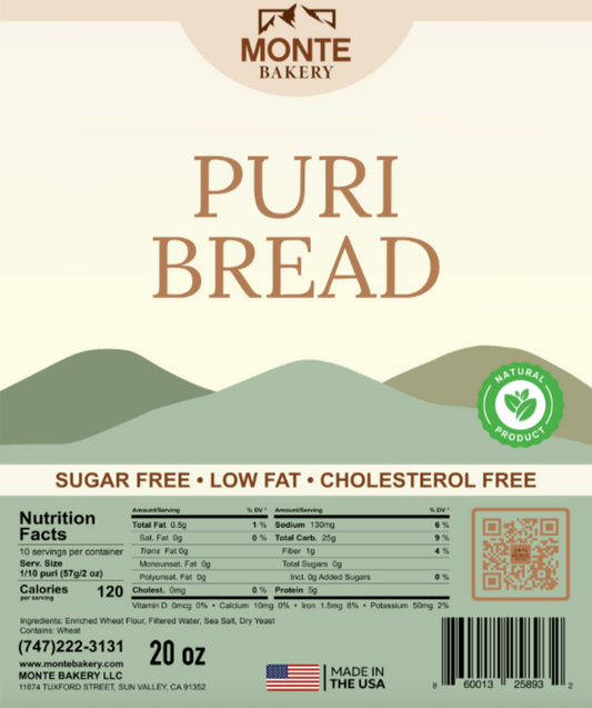 Puri Bread - 20 oz. Ingredients: Enriched Wheat Flour, Filtered Water, Sea Salt, Dry Yeast. Contains: Wheat.